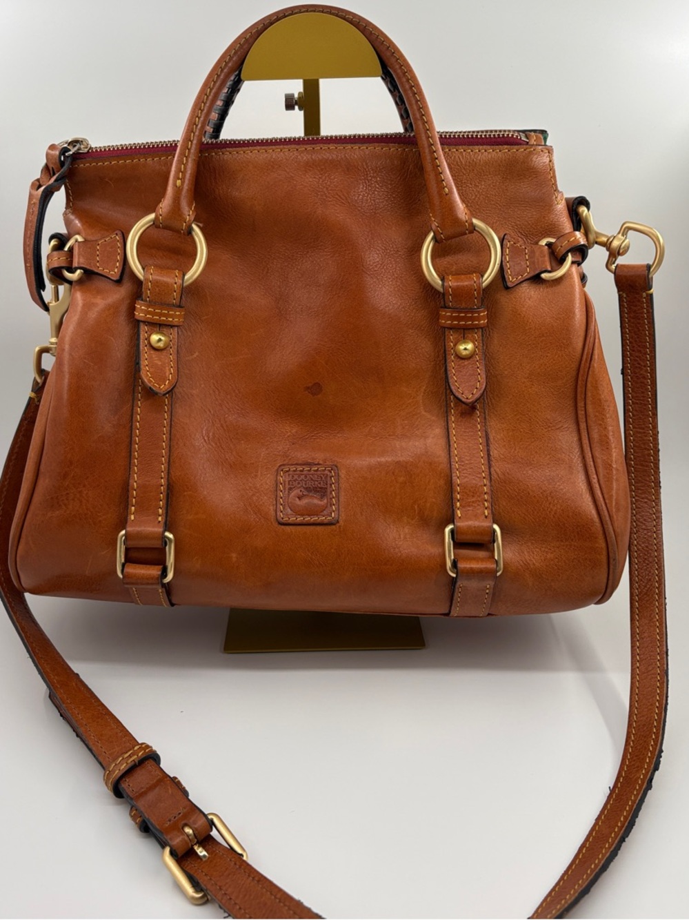 Dooney & Bourke Florentine Cognac Leather Satchel with Gold Hardware